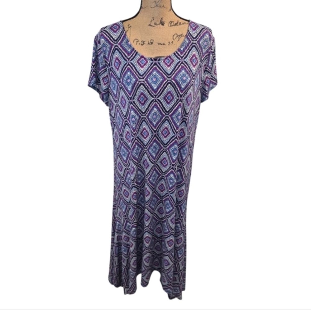 Chicos Geometric Print Maxi Dress Short Sleeve Tie Back Purple Blue Women L